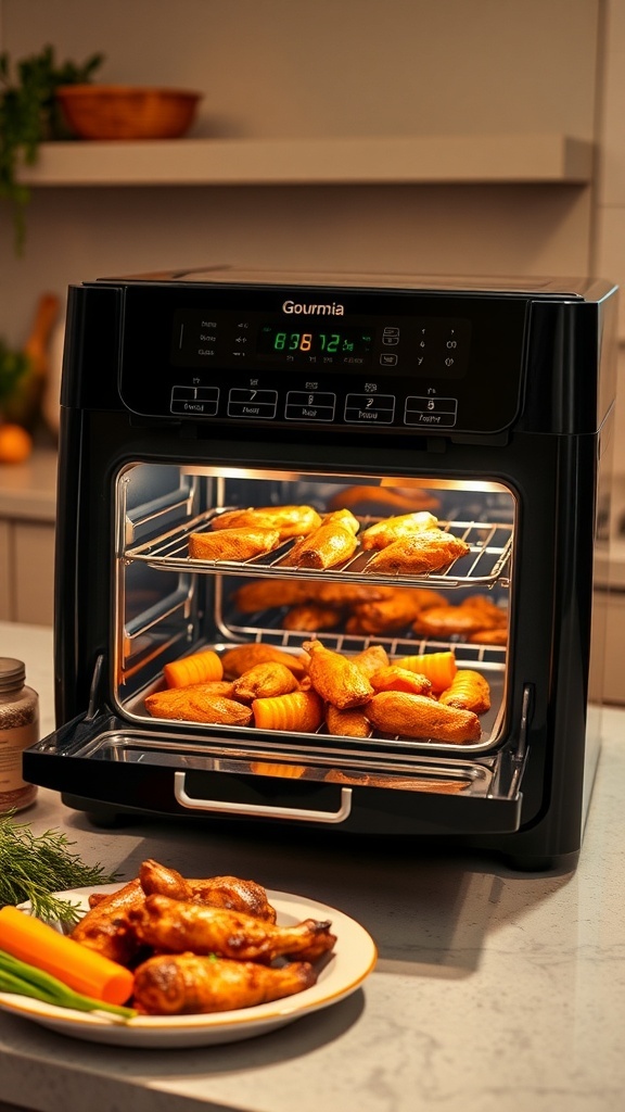 Gourmia French Door XL Digital Air Fryer Oven Recipes Gourmia French Door XL Digital Air Fryer Oven with crispy chicken wings and roasted vegetables.